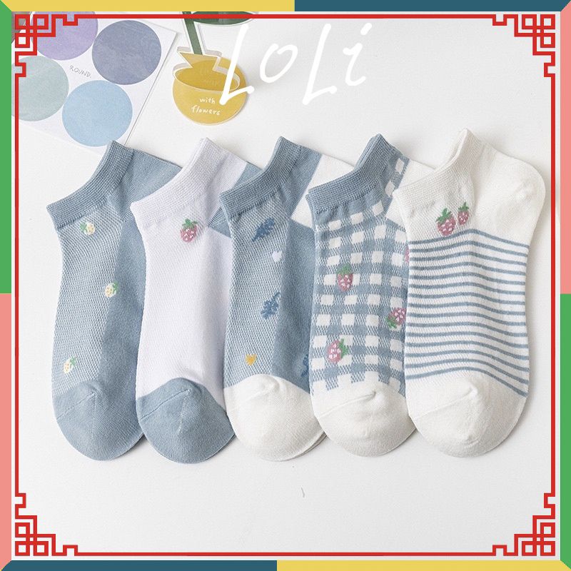 Tất Vớ Nữ Cổ Ngắn Hoạ Tiết Dâu Xanh