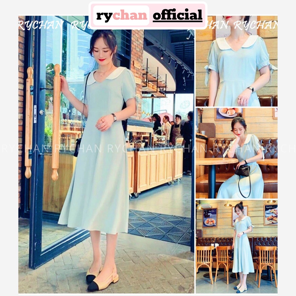 Đầm Xòe Midi Xanh Mint Cổ Sen Nơ Tay  - DX950