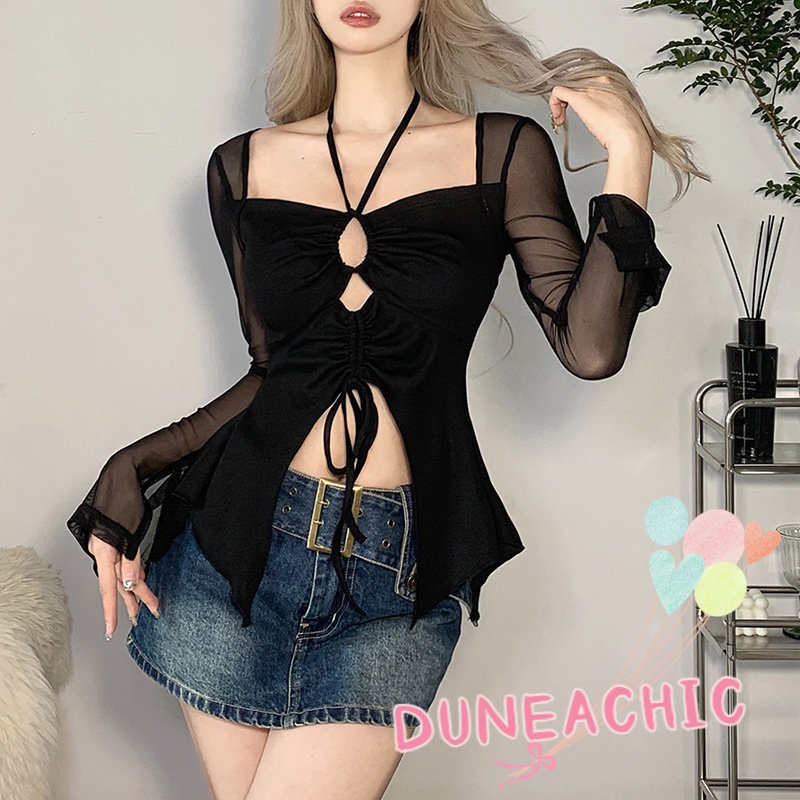 DUNEA Áo Kiểu Tay Dài Phối Lưới Thời Trang Quyến Rũ Cho Nữ