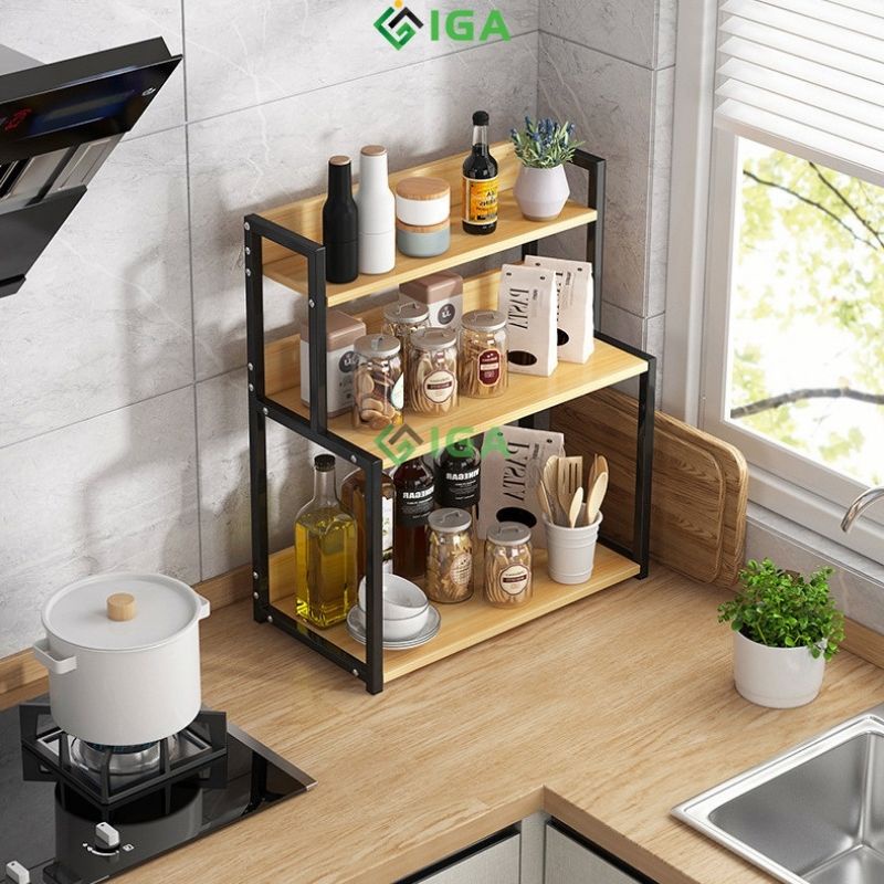 Kệ gia vị khung sắt IGA 3 tầng nhỏ gọn, kệ sắp xếp đồ phòng bếp gon gàng lịch sự - GM04