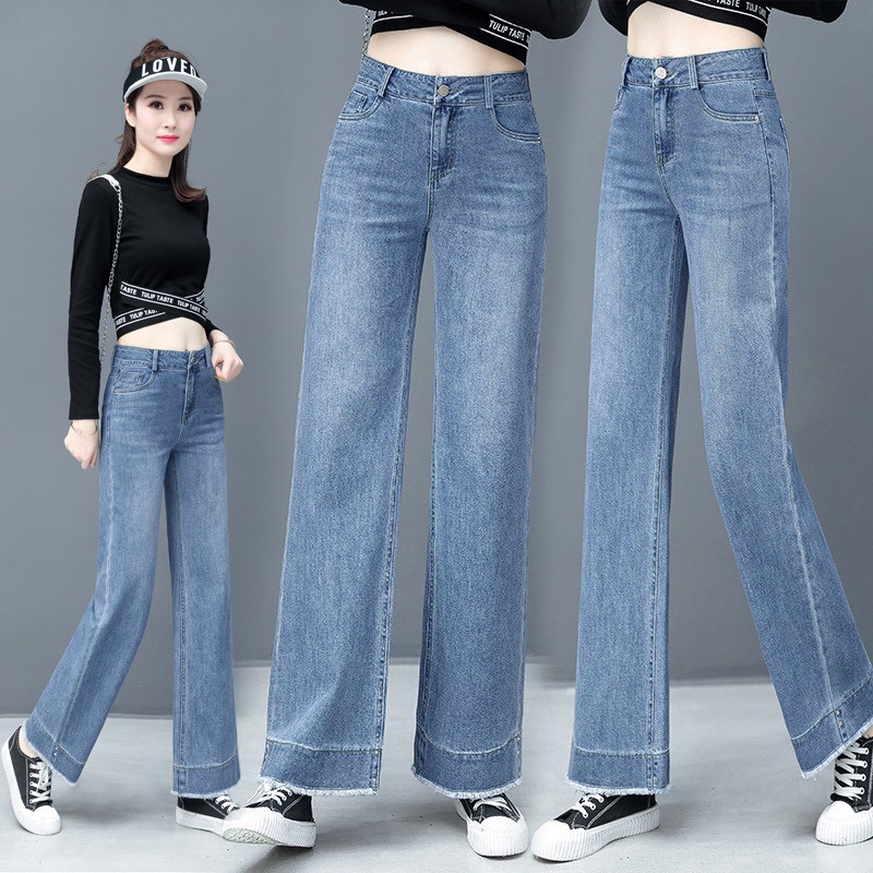 Quần Jeans Nữ Lưng Cao Ống Suông Vải Cotton Co Giãn Cao Cấp