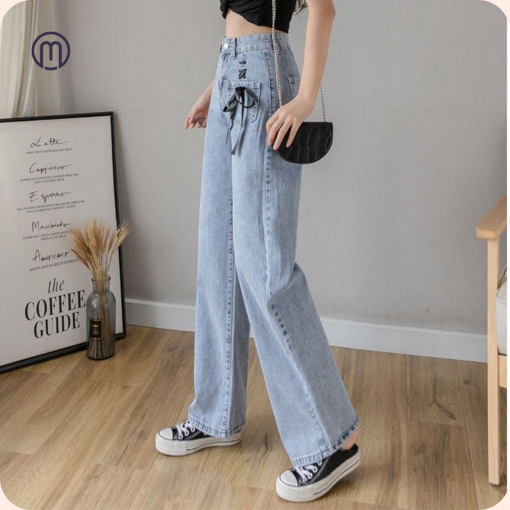 Quần jean baggy nữ lưng cao ống rộng đứng chất liệu jean cotton