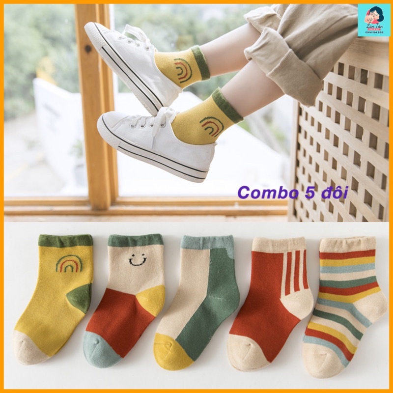 Tất cho bé từ 1 đến 13 tuổi. Set 5 đôi vớ cho bé trai bé gái dễ thương sợ len mềm mịn dầy dặn thu đông ấm áp -lantun1983