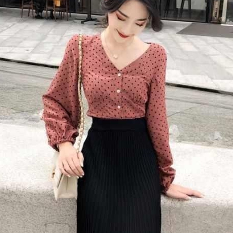 Áo Sơ Mi Tay Dài Chấm Bi Thời Trang 153010 Áo Sơ Mi Voan Cổ v Phong Cách Hàn Quốc Cho Nữ