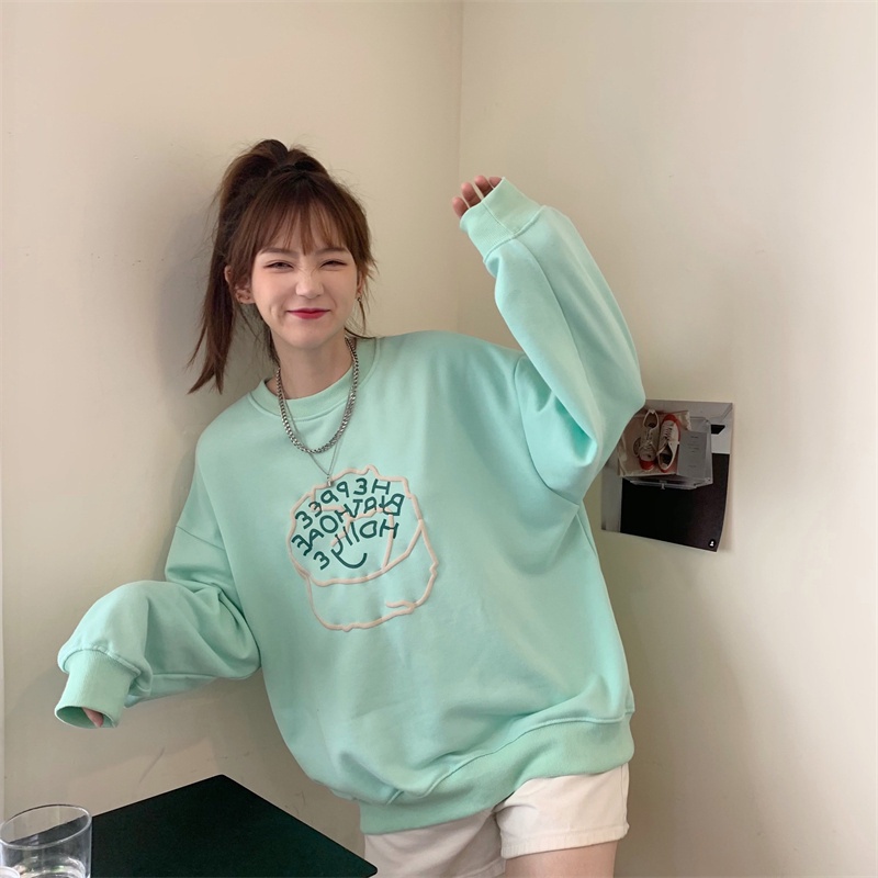 ZHELIHANGFEI Áo Thun Tay Dài Cổ Tròn Form Rộng Họa Tiết In Theo Phong Cách Preppy Dễ Phối Đồ