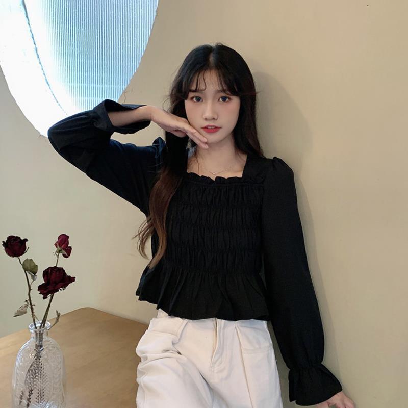 Áo Kiểu Nữ Korean Fashion new Blouse Square Collar Pleated Short Top White Long Sleeve Shirt