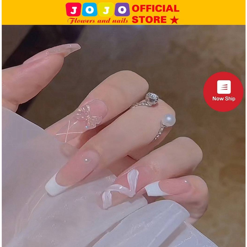 Set 24 móng tay giả thiết kế hồng kẻ trắng đính nơ Jojo Z158 móng giả nailbox thời trang rẻ đẹp tự làm tại nhà