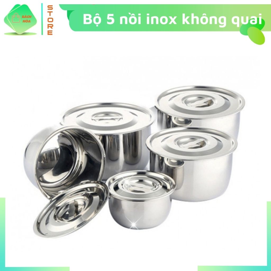 Bộ 5 Nồi Inox Mishio MK82 Không Quai Đủ Kích Cỡ Kèm Năp Tiện Lợi Đa Năng, Nấu Được Nhiều Loại Bếp