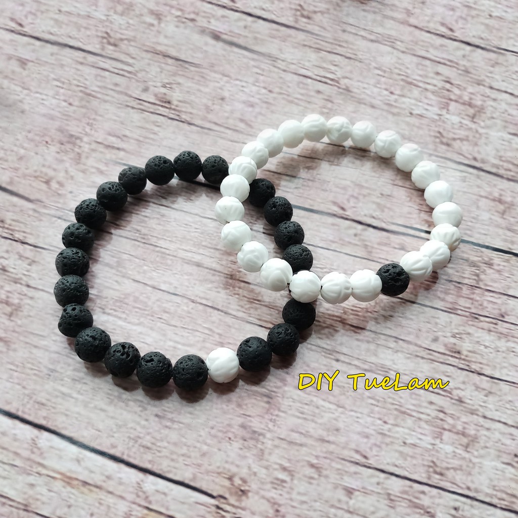 Vòng Tay Đôi  Gỗ Hóa Thạch Đen Trắng Nam Nữ May Mắn Tình Duyên