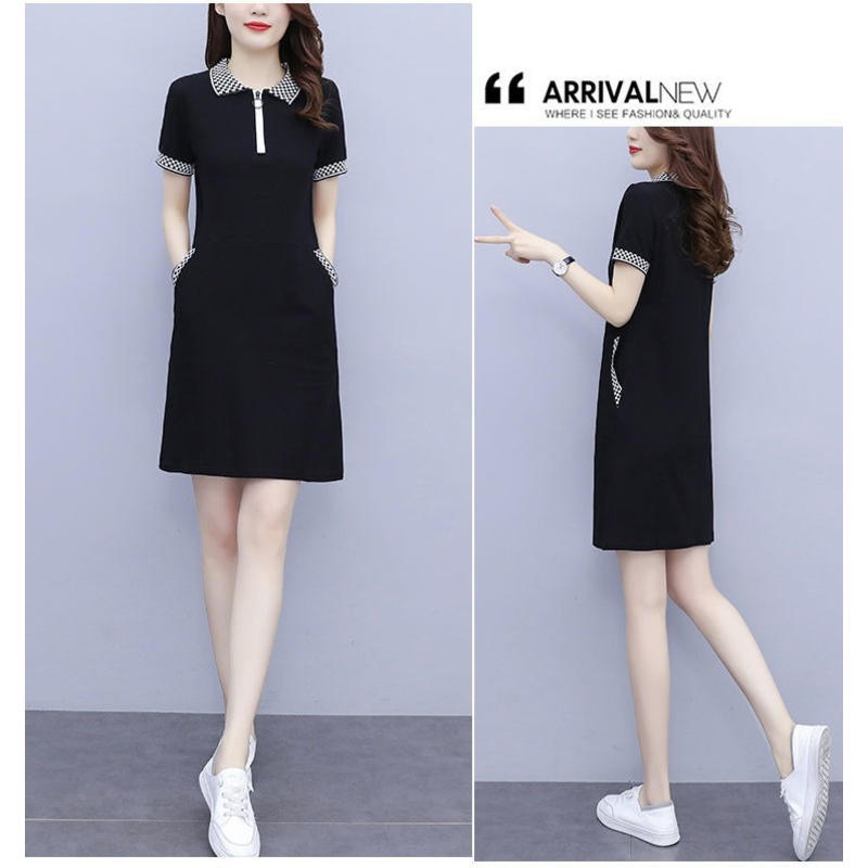 Đầm Thun Ngắn Tay Dáng Chữ A Lưng Cao Cổ Polo Plus Size Thời Trang Mùa Hè Cho Nữ