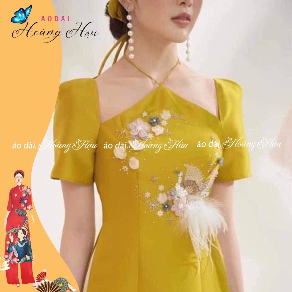 Áo Dài Cách Tân Nữ Cổ Yếm Đính Kết Pha LaThủ Công 100% Lụa Tây Thi Hàng Cao Cấp