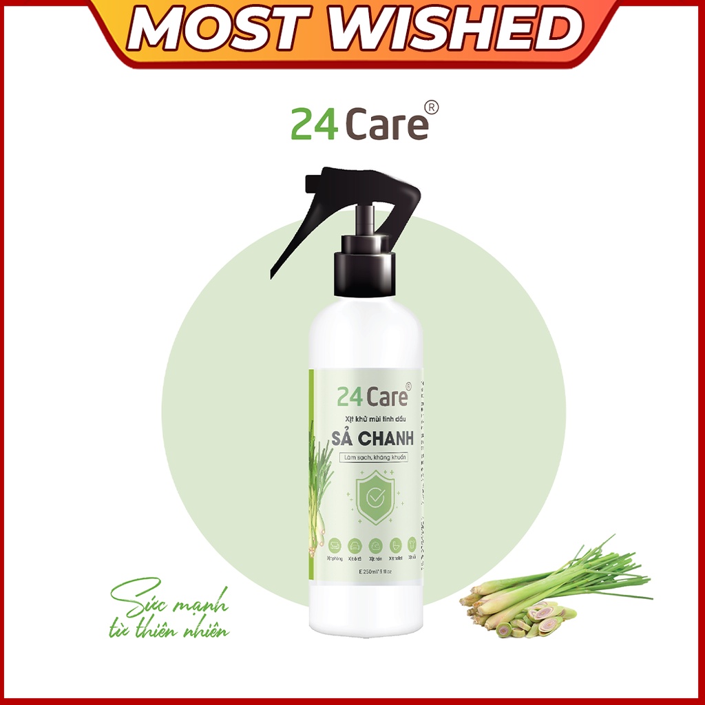 Xịt phòng hữu cơ 250ml 24Care tinh dầu Sả Chanh Bạc Hà Quế Lavender Bưởi