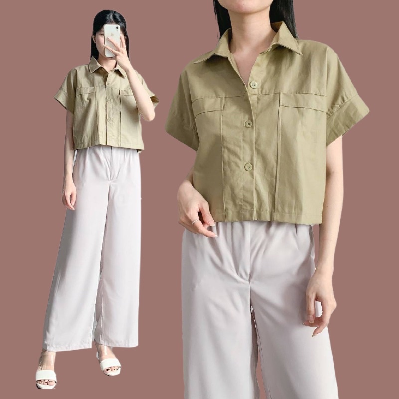 Áo Sơ Mi COTTON Tay Ngắn Họa Tiết Gạch Màu Đen/Bơ/Xanh Lá/Đỏ/Sạch Dành Cho Nữ