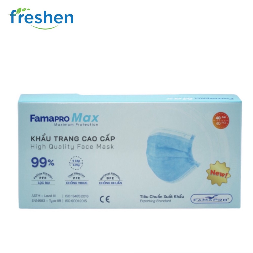 Khẩu trang y tế cao cấp 4 lớp kháng khuẩn Famapro max màu xanh (40 cái / hộp)