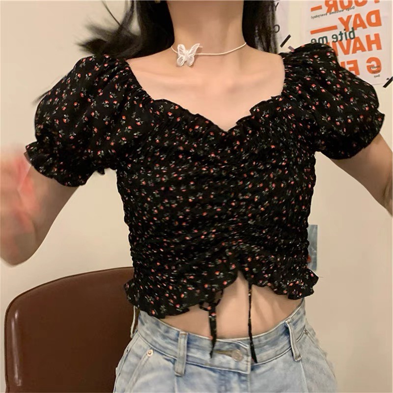 Áo croptop hoa rút dây ngực tay ngắn A5063