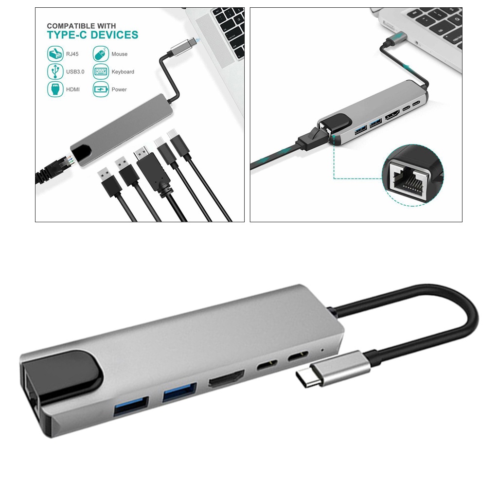 6 in 1 Multiport Type C USB-C to 4K HDMI 2 USB 3.0 PD Charge  For Macbook