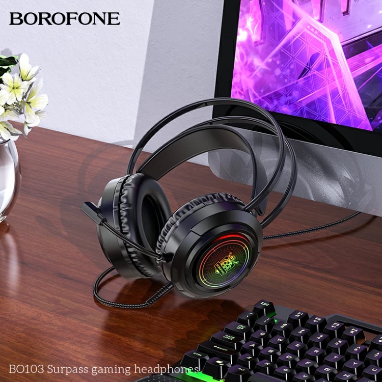 Tai Nghe Chụp Tai Có Dây Cho Game thủ BOROFONE BO103, Chống Ồn, Hiệu Ứng LED đẹp mắt, Jack USB và 3.5mm - Bảo Hành 12T