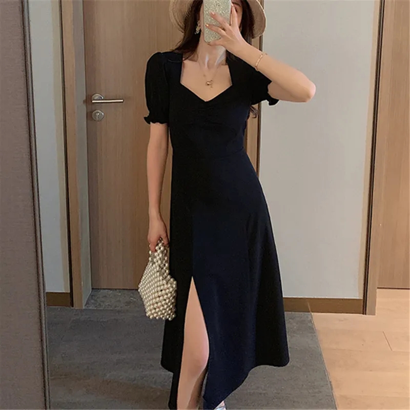 Square Collar Dress Women，Slim-Fit Dress，Black Dress