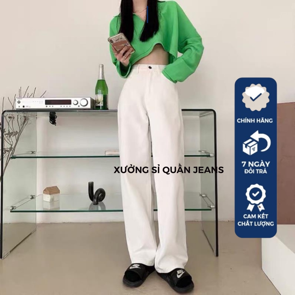 Quần jeans ống rộng trắng cạp cao hack eo cực thon kéo chân siêu đỉnh Hot 2022