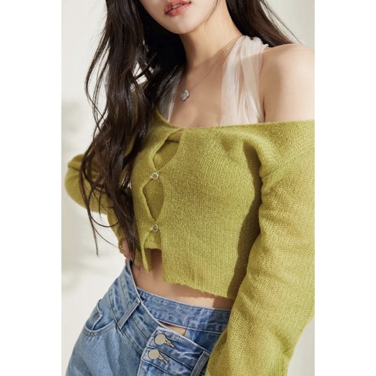 set len dệt kim khuy trái tim mix áo quây yếm dây buộc voan điệu đà (1072#)