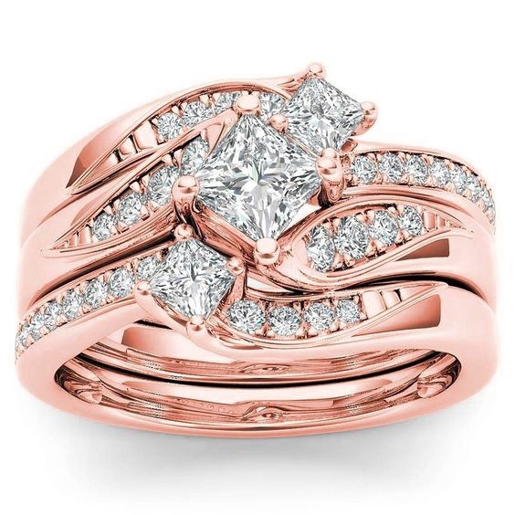 Bộ ba nhẫn khảm đá zircon mạ vàng 18K phong cách Âu Mỹ