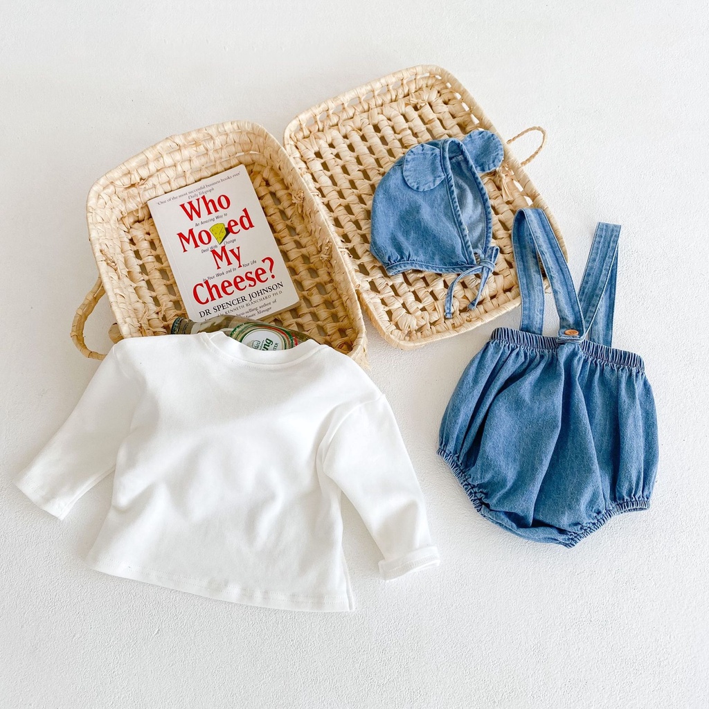 Set Đồ Mùa Thu 3 Món Gồm Áo Thun Cotton Denim Hai Dây + Áo Thun Tay Dài + Nón Phong Cách Mới 2023 Cho Bé Gái