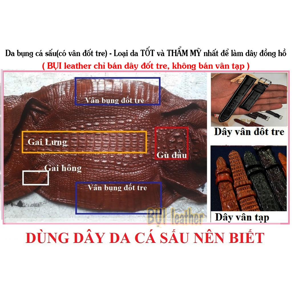 Dây da đồng hồ nam da cá sấu đốt tre khâu tay chỉ trắng cao cấp D103 size 18mm, 20mm, 22mm, 24mm DA THẬT-BH24 tháng