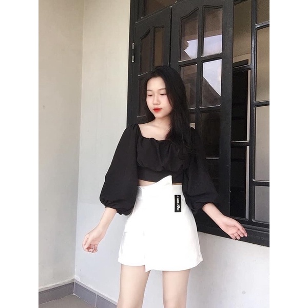 Áo kiểu cổ vuông tay bồng cột nơ vải voan xốp có mút ngực
