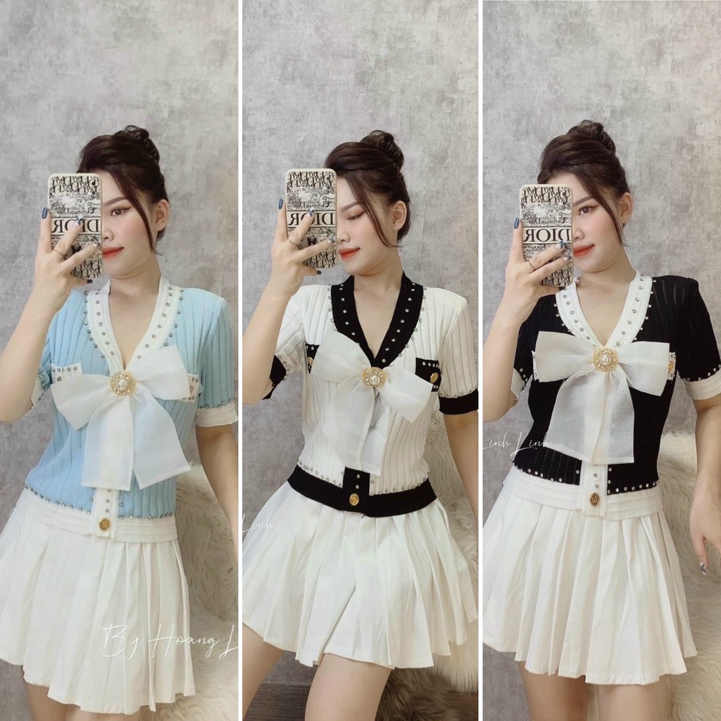 Áo len nơ đá tay ngắn cực hot