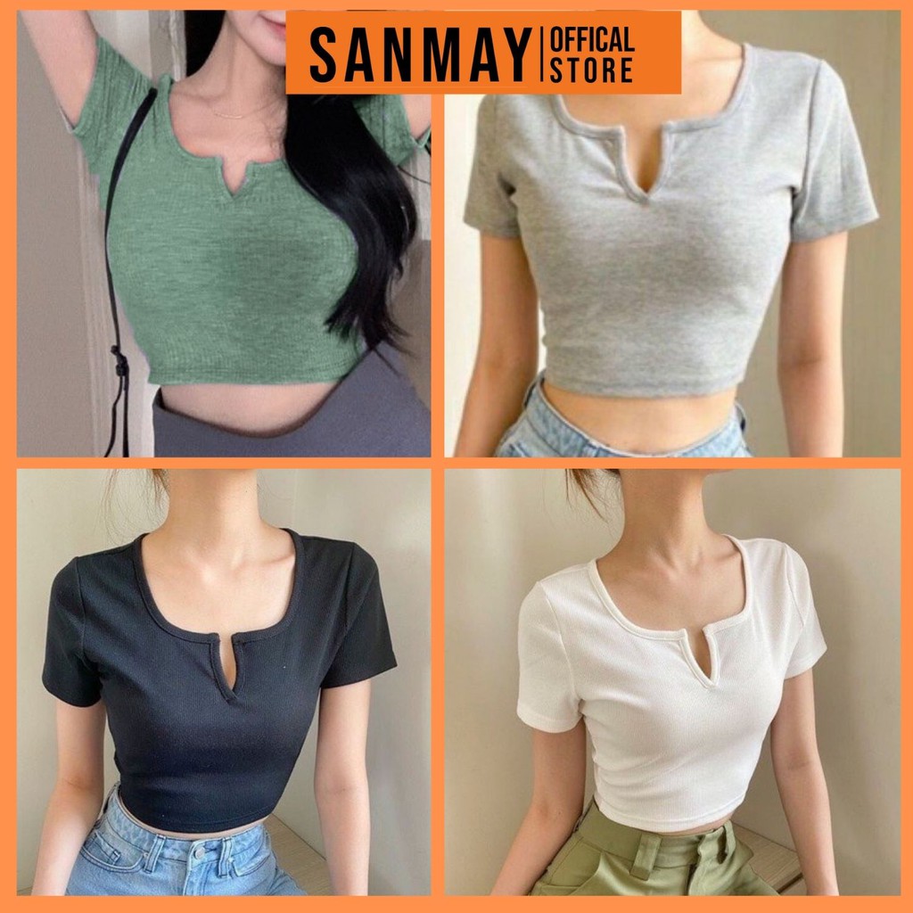 Áo Croptop Cổ Vuông SANJOLI Croptop Kiểu Tay Ngắn Ôm Body Sexy Ulzzang Hàn Quốc AO040