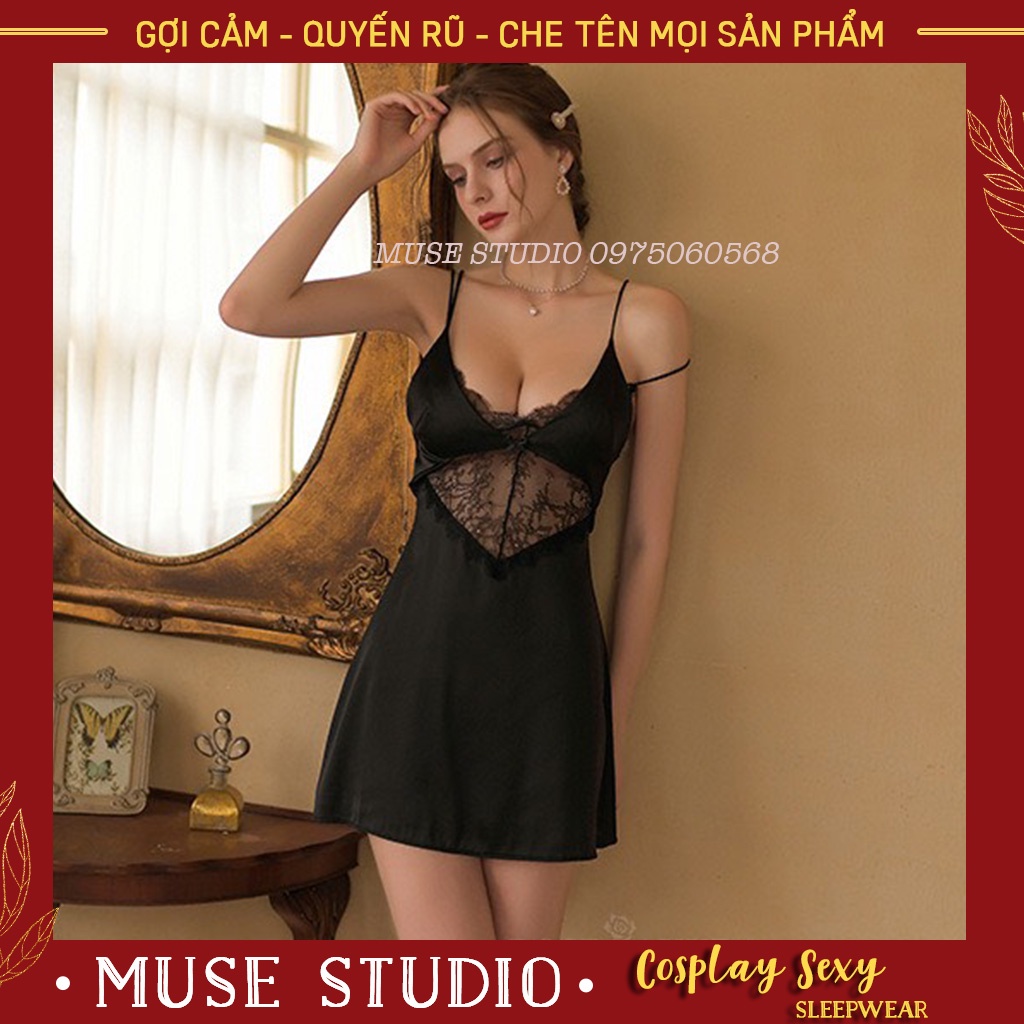 Váy ngủ nữ, Đầm ngủ sexy phối ren ngực buộc dây lưng gợi cảm MUSE STUDIO 0010