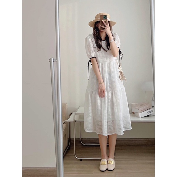 Váy babydoll ren hoa viền đen tay nơ dáng xoè Pea Store