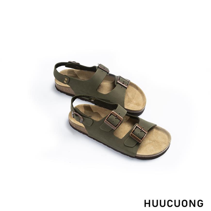 Giày sandal  unisex Quai Ngang 2 Khóa HUUCUONG Quai Da Thật Màu Xanh Rêu Đế Trấu