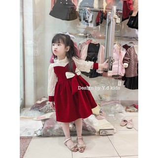 bán sỉ váy nhung đỏ nơ lệch phối ren