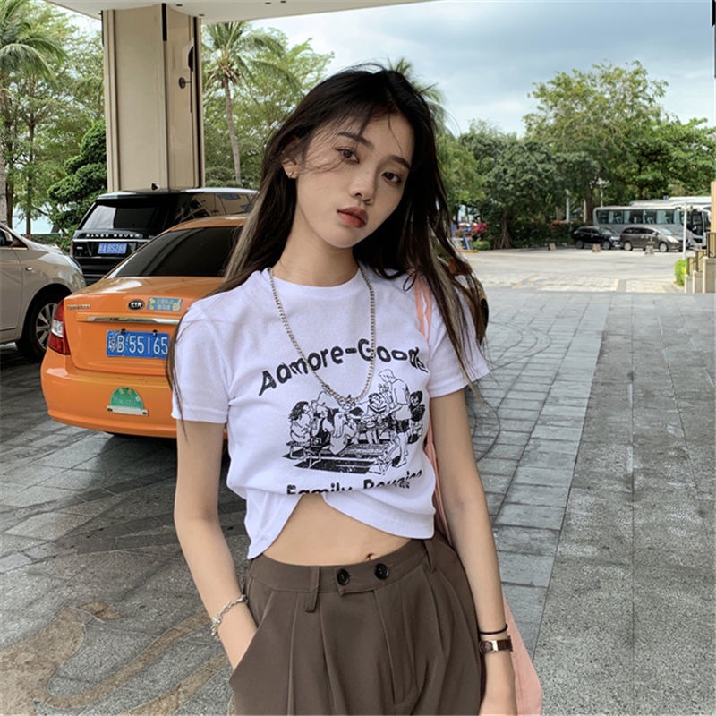 Áo Thun Croptop Tay Ngắn Dáng Ôm In Họa Tiết Kiểu Retro Dễ Thương