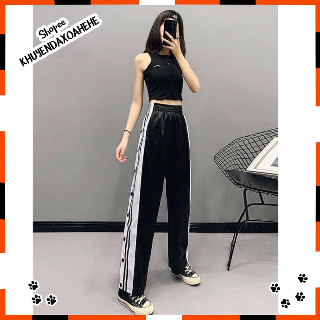 Q017 Quần culottes cúc bấm xẻ tà nam nữ ăn gian chiều cao Quần suông dài ống rộng đen trắng mặc với croptop áo body đẹp