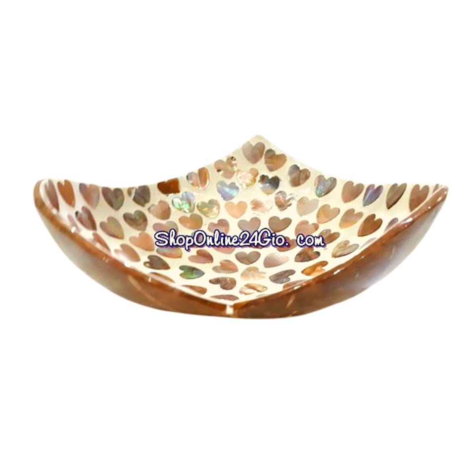 DĨA GÁO DỪA HÌNH CHIẾC LÁ SƠN MÀI – CẨN TRỨNG  - KHẢM TRAI- CẨN MẶT TRONG. MSP 432