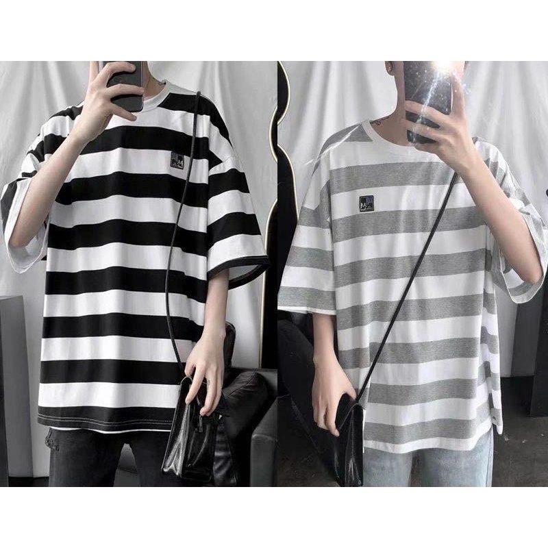 Áo Thun Ngắn Tay Form Rộng Họa Tiết Sọc Ngang Phong Cách Hàn Quốc Dành Cho Nam