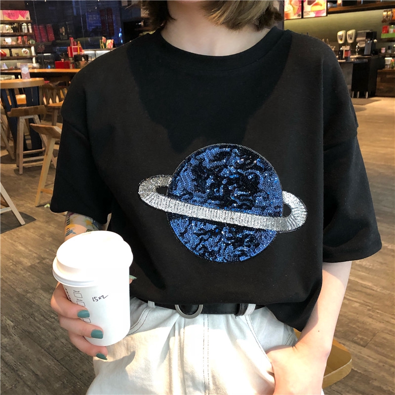 IELGY    Áo Thun Tay Ngắn Dáng Rộng Phong Cách Hong Kong Thời Trang Cho Nữ