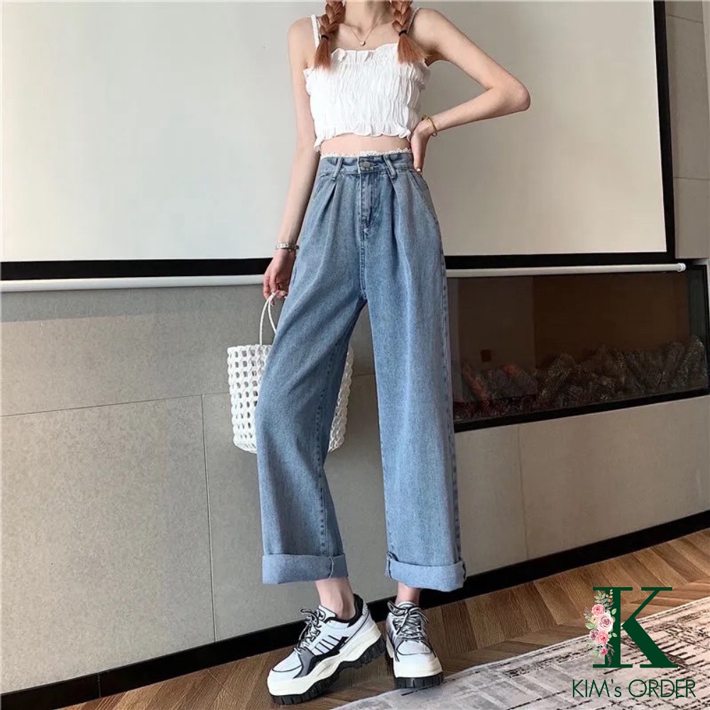 Quần jean nữ ống đứng suông màu xanh cạp ren lưng cao phong cách Ulzzang Hàn Quốc tiểu thư đi học đi làm chất đẹp loại 1