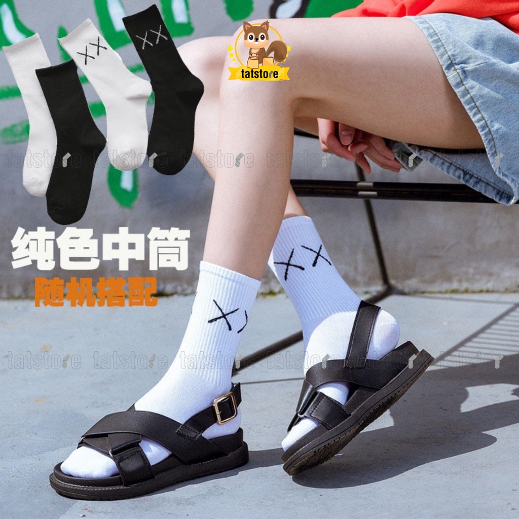 Tất cổ cao tất vớ nam nữ Hàn Quốc trắng đen dày họa tiết chữ XX phong cách basic TẤT STORE 2CCU4