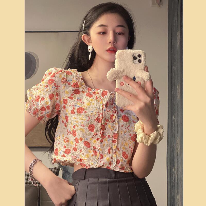 (ORDER) Áo sơ mi hoa đỏ cộc tay nhún bèo style retro vintage kiểu Pháp