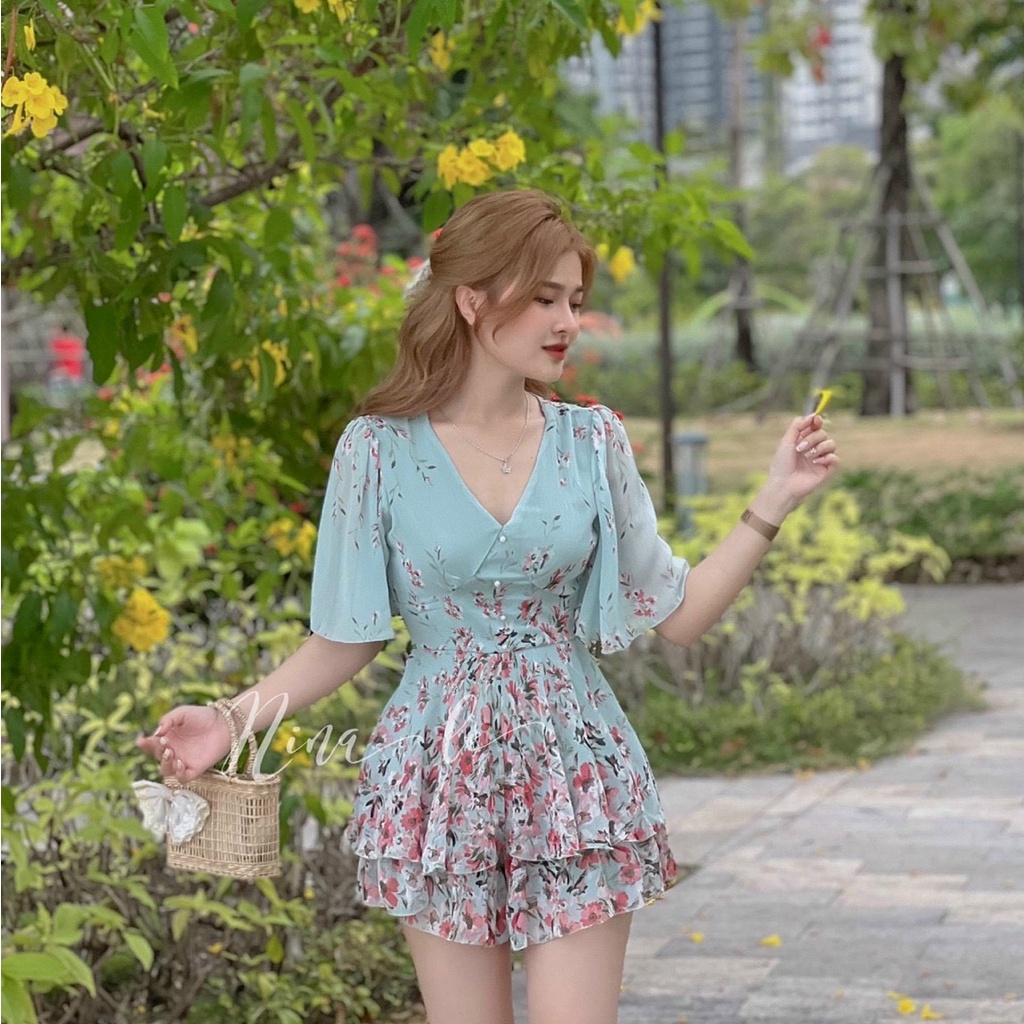 [Sales FreeShip] Đầm Voan Tay Bèo In 2 Lớp Cổ V Đầm Tầng Hoa Qúy Phái