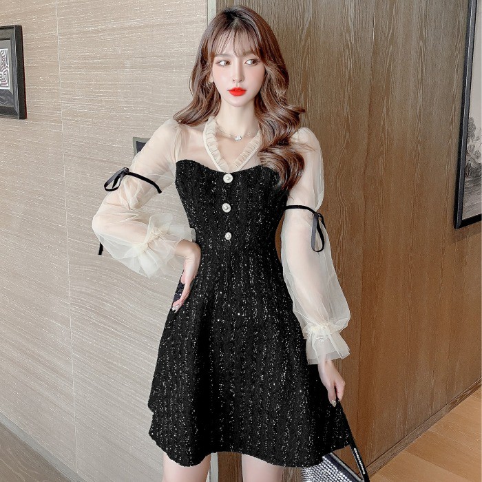 🌸Hàng Order🌸Váy Tay Voan Phối Cúc Tay Thắt Nơ Lấp Lánh 🌸Hàng Quảng Châu