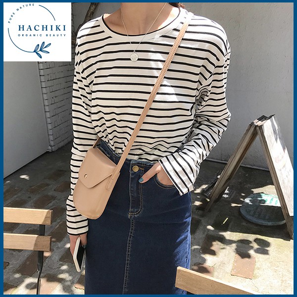 Áo thun kẻ sọc dài tay, Áo thun nữ form rộng kiểu BASIC chất cotton thái, thương hiệu HACHIKI
