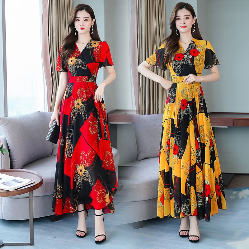 Váy đầm hoa nữ 2021 mới cho người trung niên và già thời trang ngắn tay plus size slim-fit áo dài tính khí <