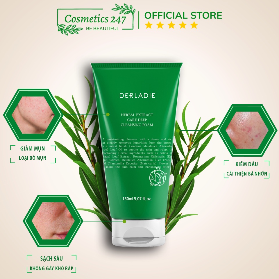 Sữa Rửa Mặt Derladie Herbal Extract Care Deep Cleansing Foam Tràm Trà Sạch Sâu, Kiềm Dầu 150ml