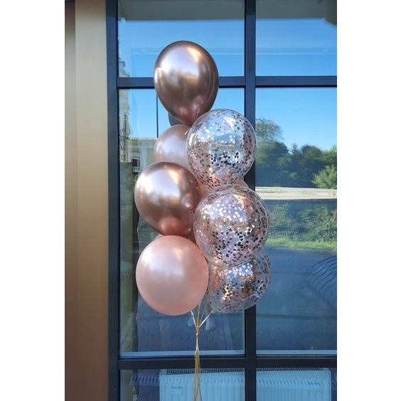 Set 10 vỏ bóng bay màu siêu nhũ rose gold, nhũ rose gold mix trong thả hạt rose gold