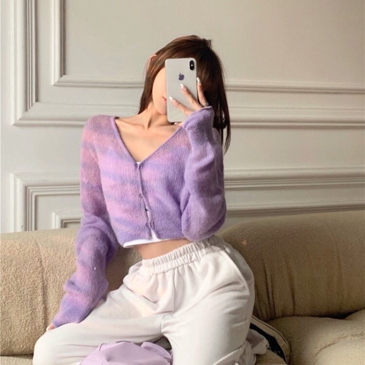 Áo Cardigan Dệt Kim Tay Dài Cổ Chữ V Màu Sắc Ngọt Ngào Phong Cách Nhật Bản Cho Nữ