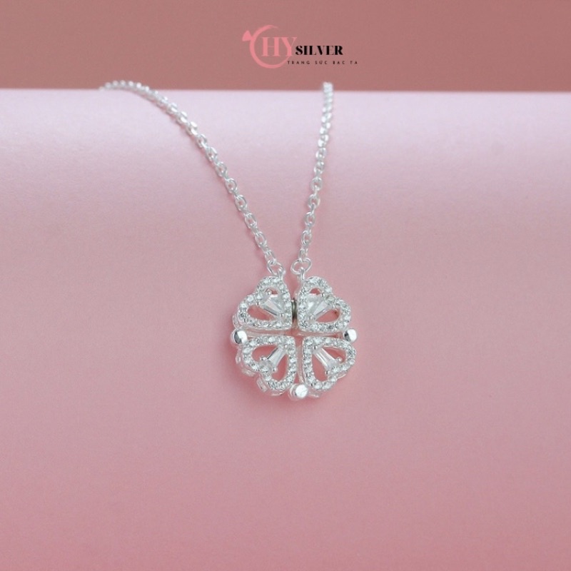 Dây chuyền bạc cỏ 4 lá nạm đá đeo được 2 kiểu bạc xi bạch kim dây chuyền nữ bạc thật